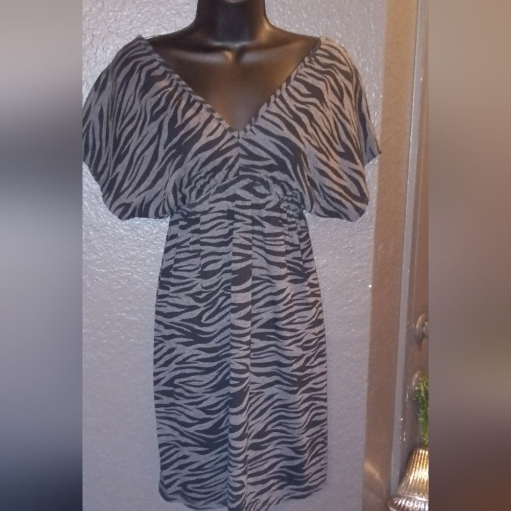 V-neck Zebra Striped Casual Dress, Great Throw On and Go! - Picture 2 of 7